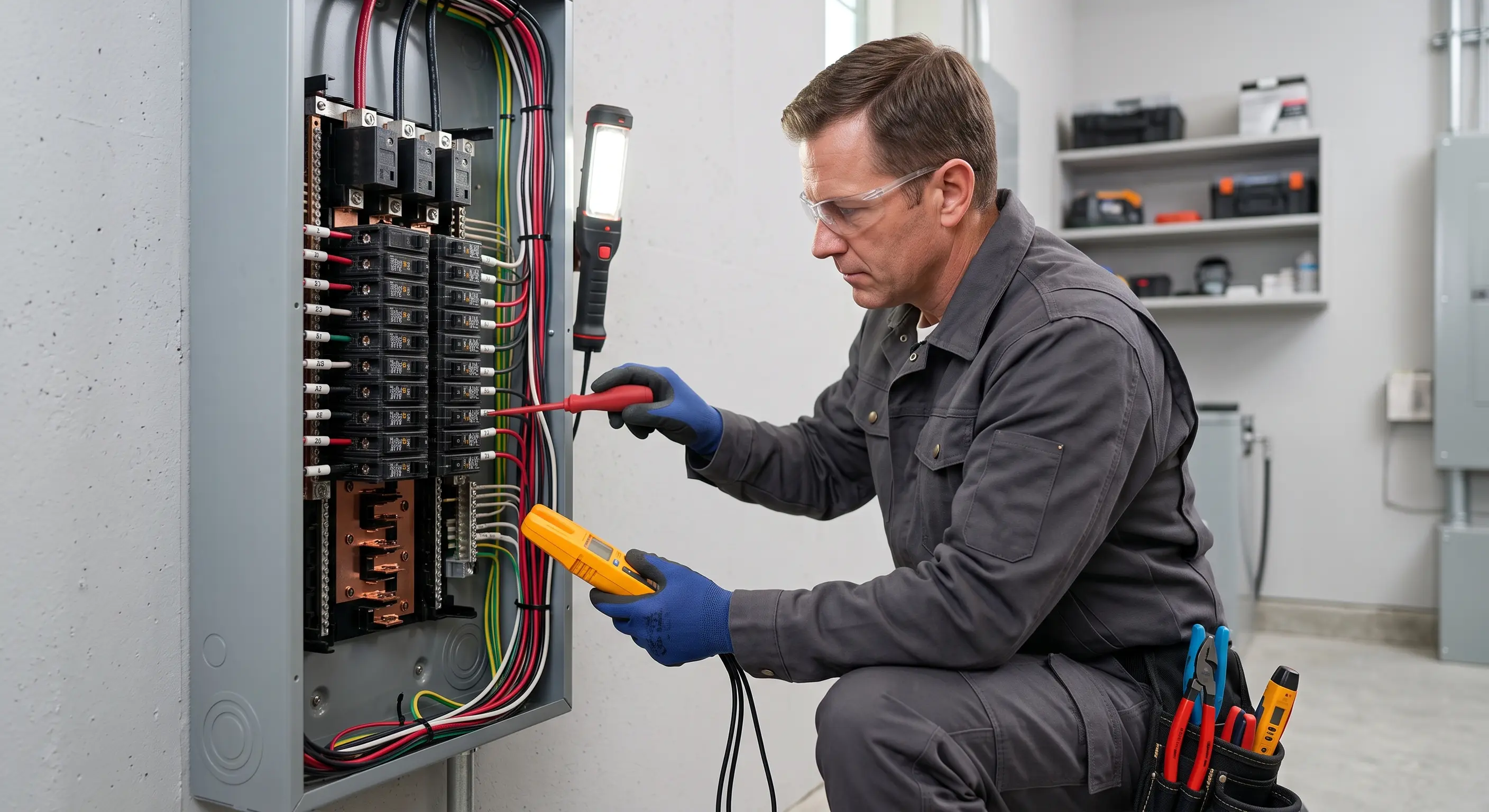 Residential electrical outlet replacement showing an open wall box with exposed wiring, new receptacle, faceplate, and tools during installation