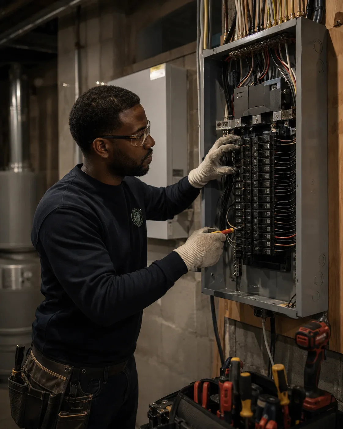 Licensed electrician inspecting and servicing a residential breaker panel with exposed wiring during an electrical system repair