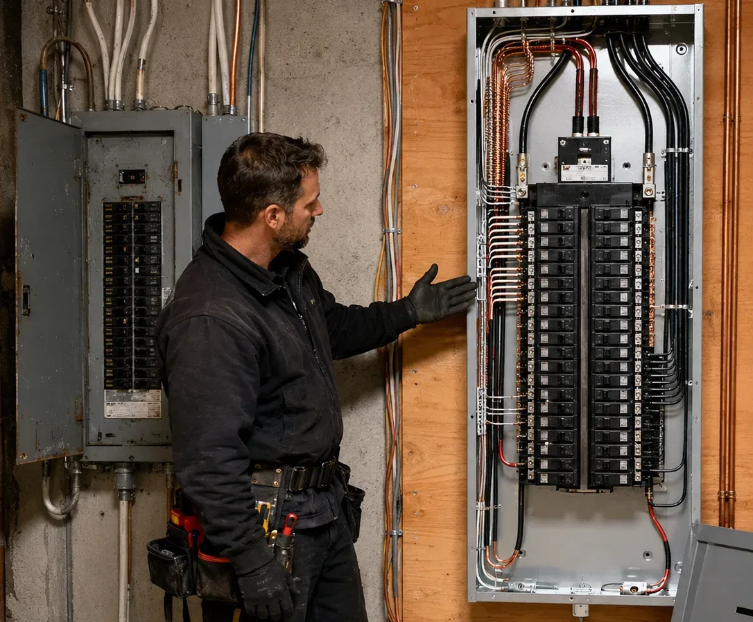 Licensed electrician installing a new 200A electrical panel during a residential service upgrade