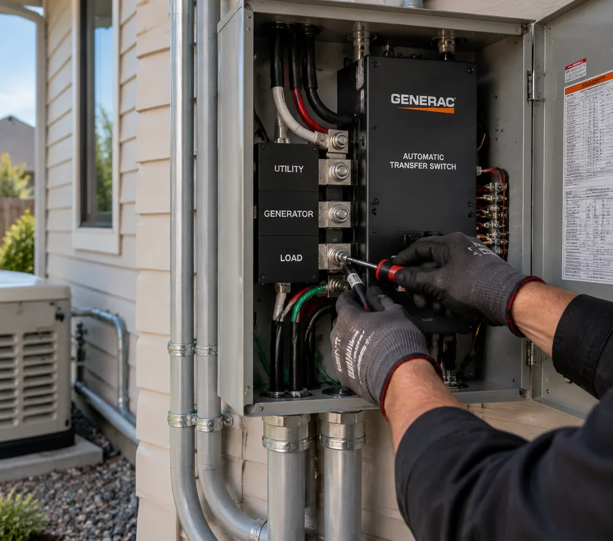 Electrician installing a standby generator transfer switch with outdoor backup power connections