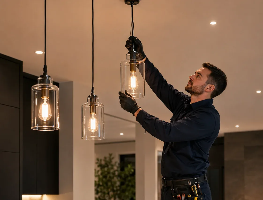 Electrician installing pendant lighting fixtures in a modern residential kitchen and living area
