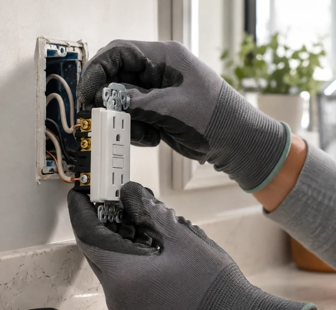 Electrician installing a GFCI outlet with wiring connections during residential electrical service