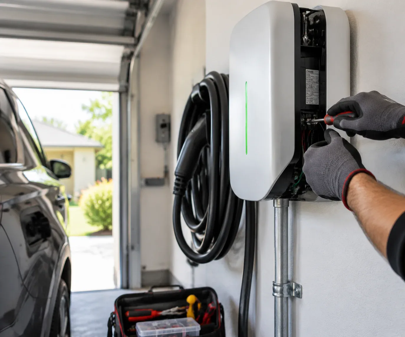 Residential Level 2 EV charger installation showing electrician connecting charging station wiring