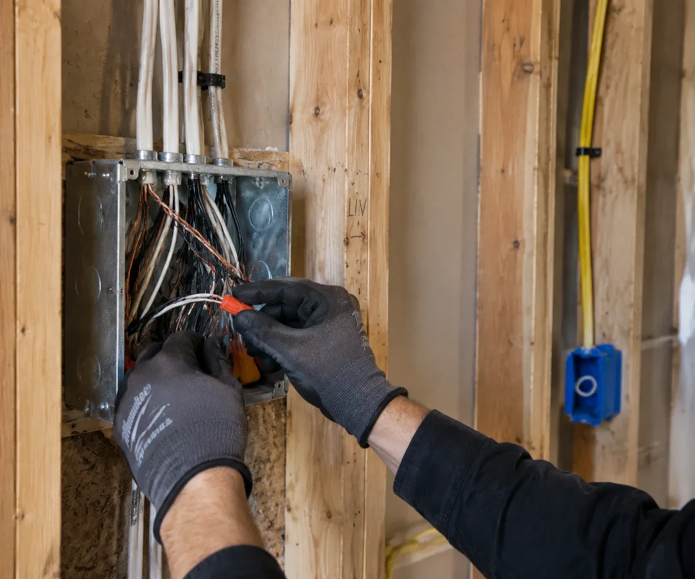 Electrician performing residential rewiring with exposed wall wiring and new electrical connections