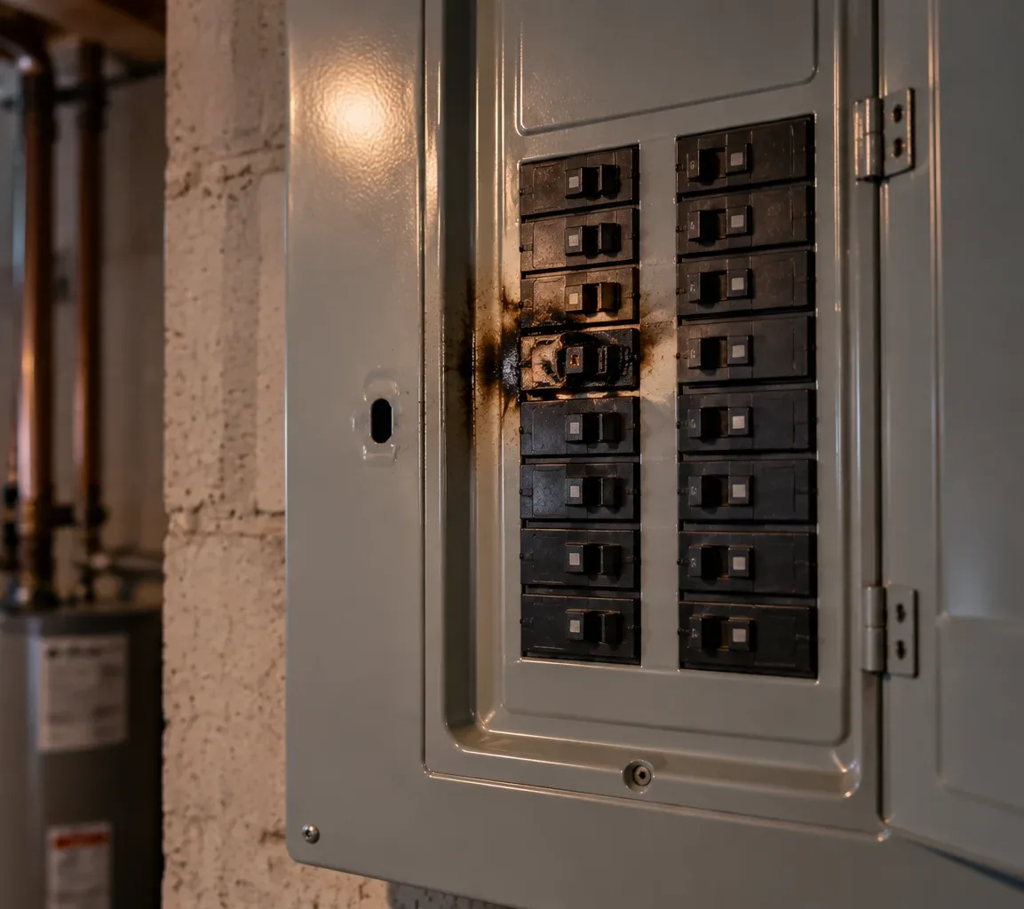 Scorched residential breaker panel with a damaged circuit breaker showing signs of electrical overheating and failure