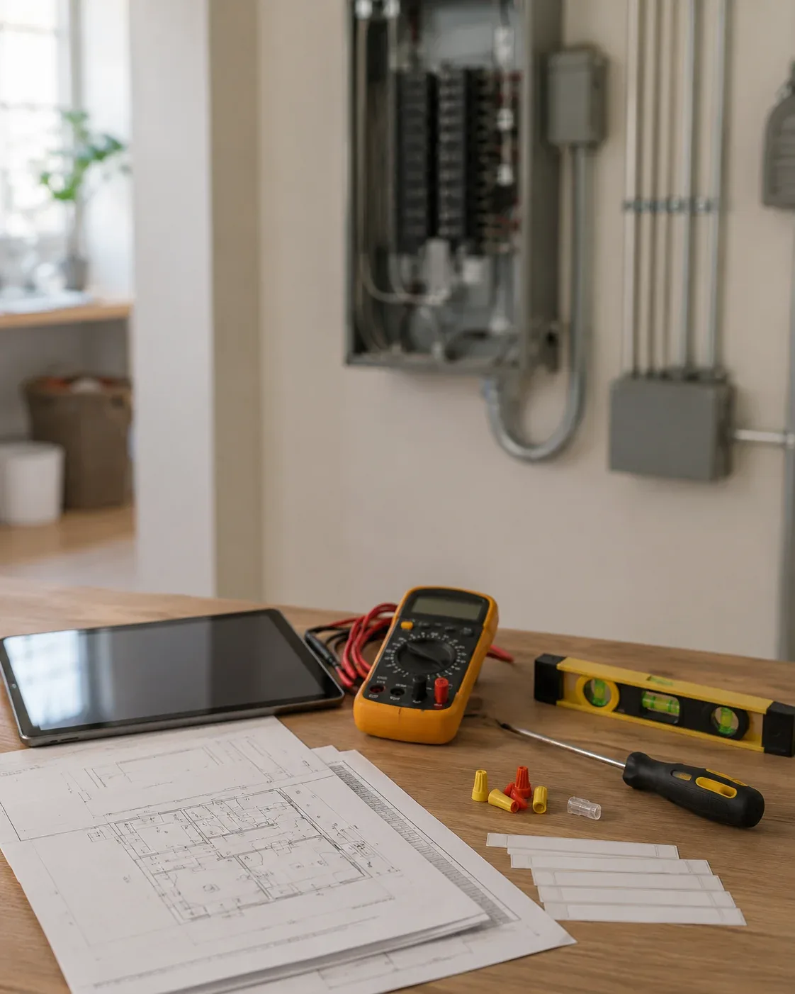 Electrical inspection setup with tablet, multimeter, wiring plans, and tools prepared for residential electrical assessment and diagnostics