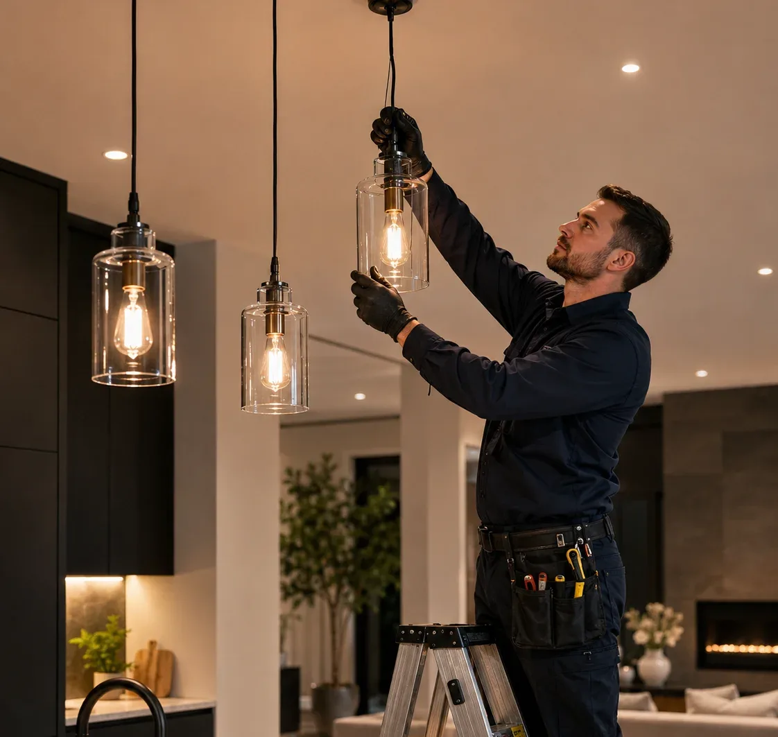 Electrician installing pendant lighting fixtures in a modern residential kitchen and living area