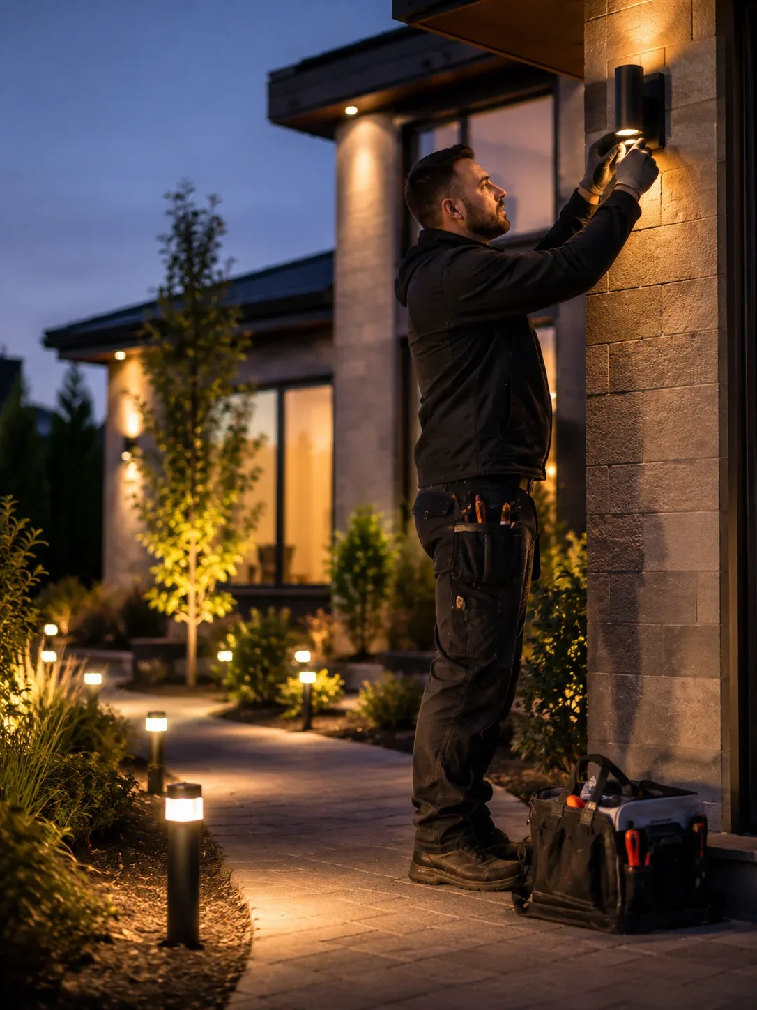 Electrician installing exterior security and architectural lighting on a residential property in Cambridge, ON