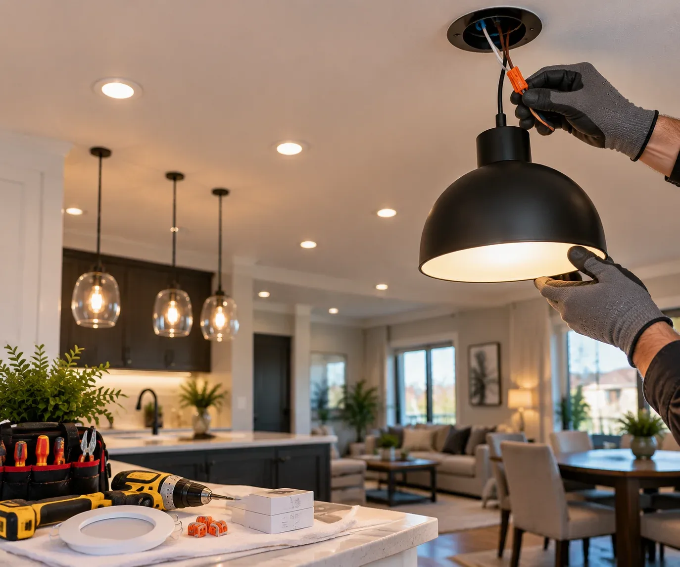 Licensed electrician performing indoor lighting installation with pendant fixture and recessed lights in a Cambridge home