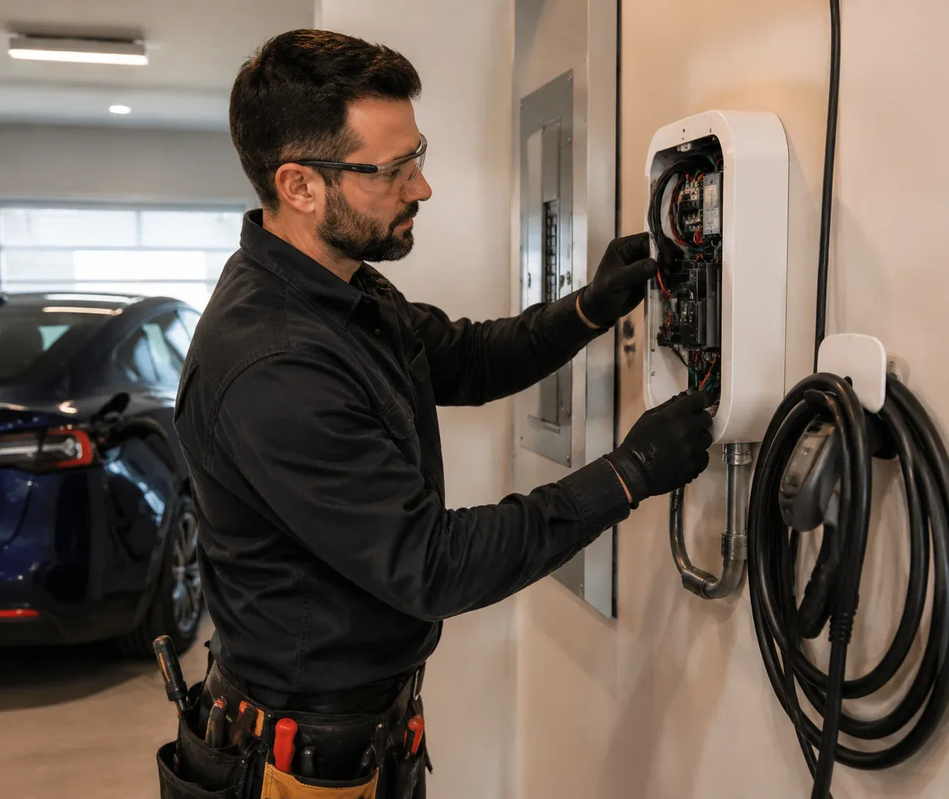 Electrician performing residential EV charger installation with wall-mounted charging station and electrical wiring