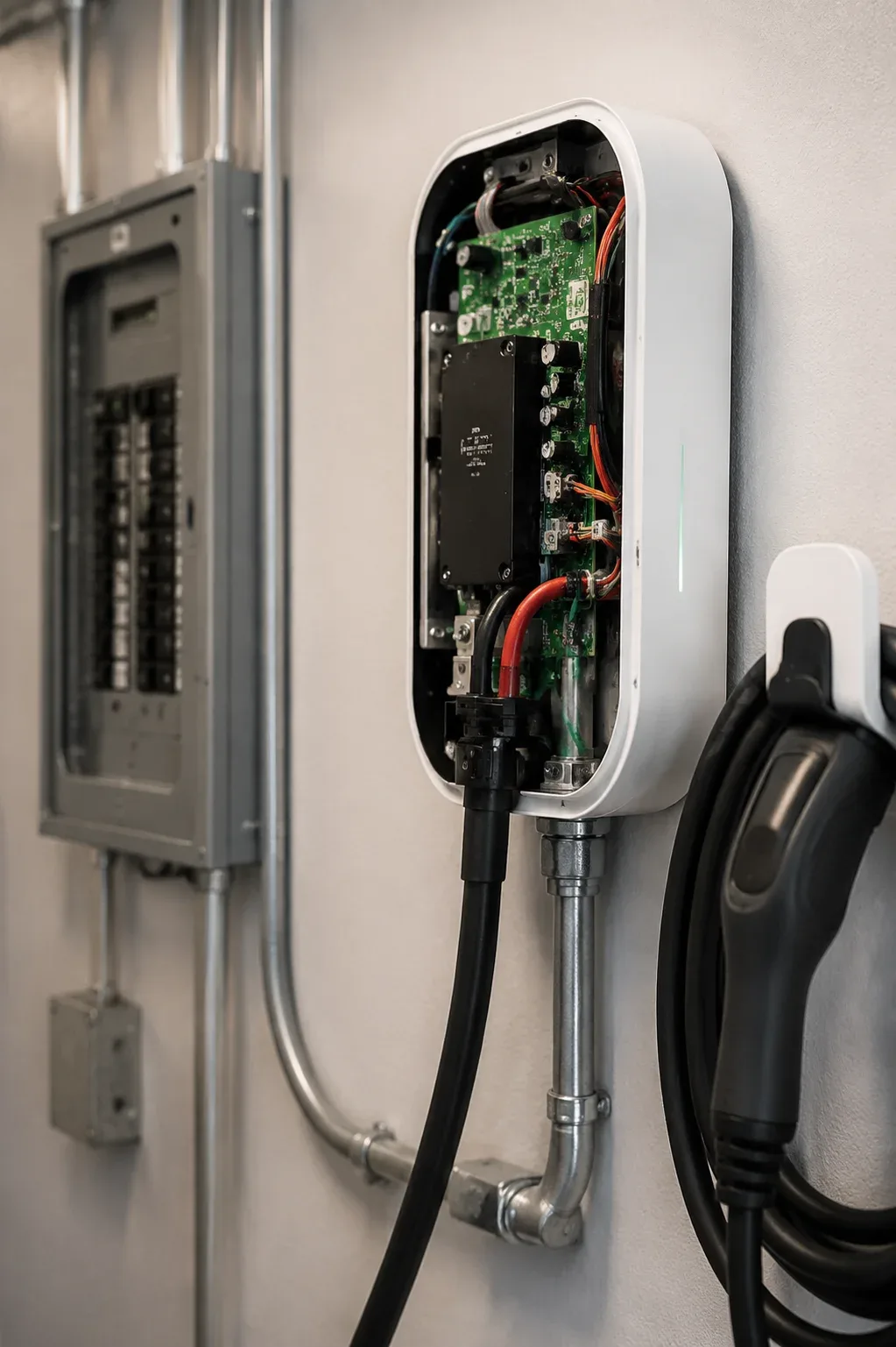 Residential Level 2 EV charger installation showing internal wiring, conduit, and electrical panel connection