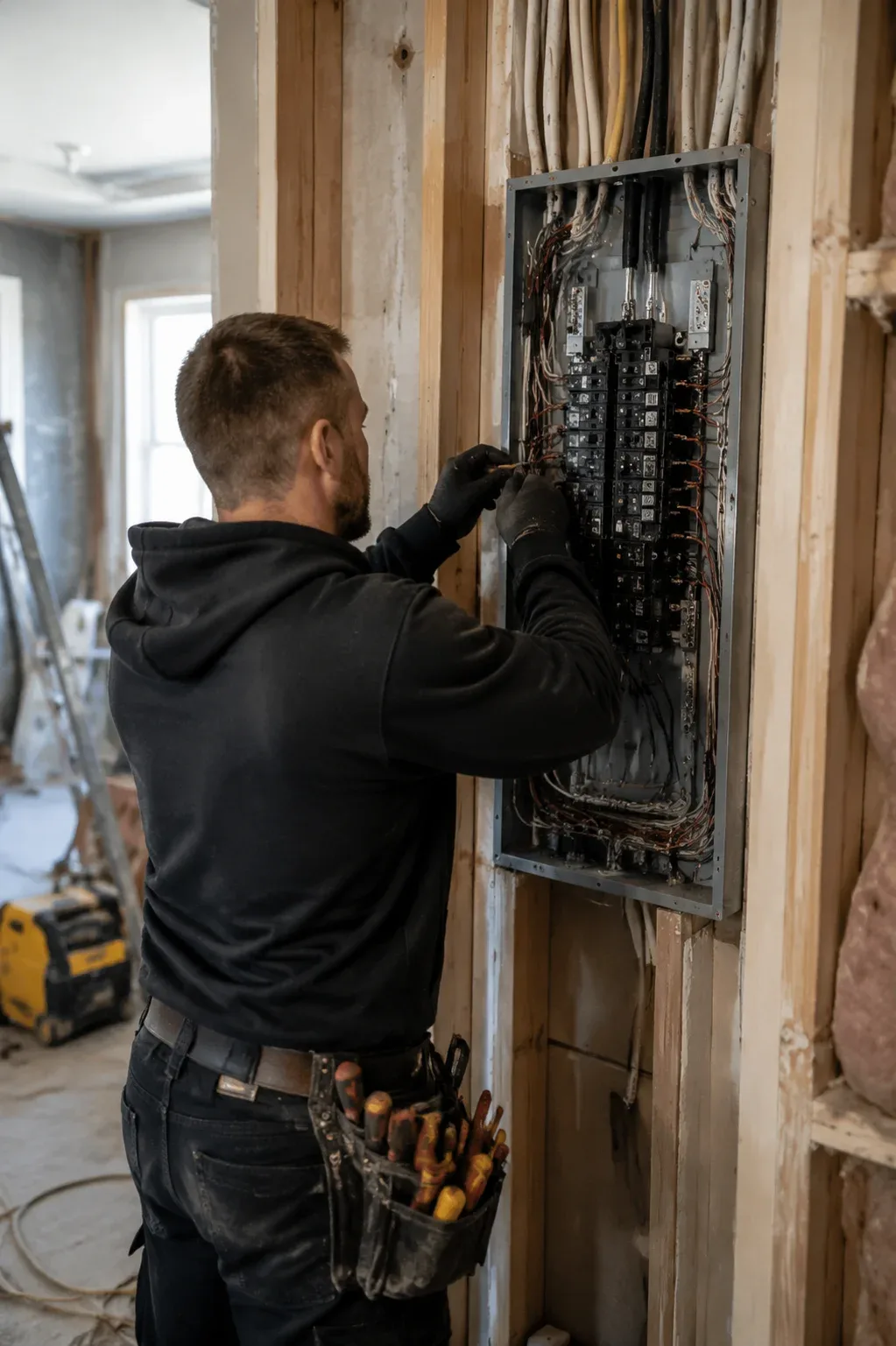 Residential electrical rewiring installation showing electrician connecting new wiring inside an exposed wall with an upgraded breaker panel