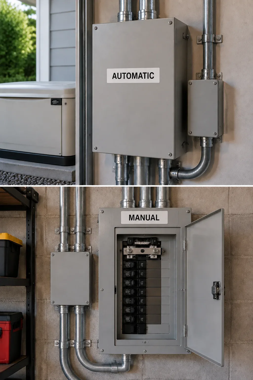 Residential backup power installation showing automatic and manual transfer switches with generator connections and electrical conduit wiring