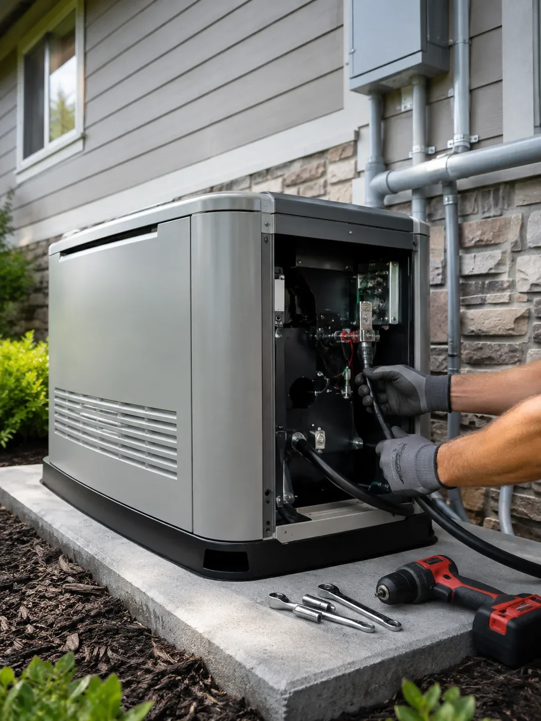 Residential standby generator installation showing backup power equipment on a concrete pad with open access panel, electrical connections, and conduit wiring