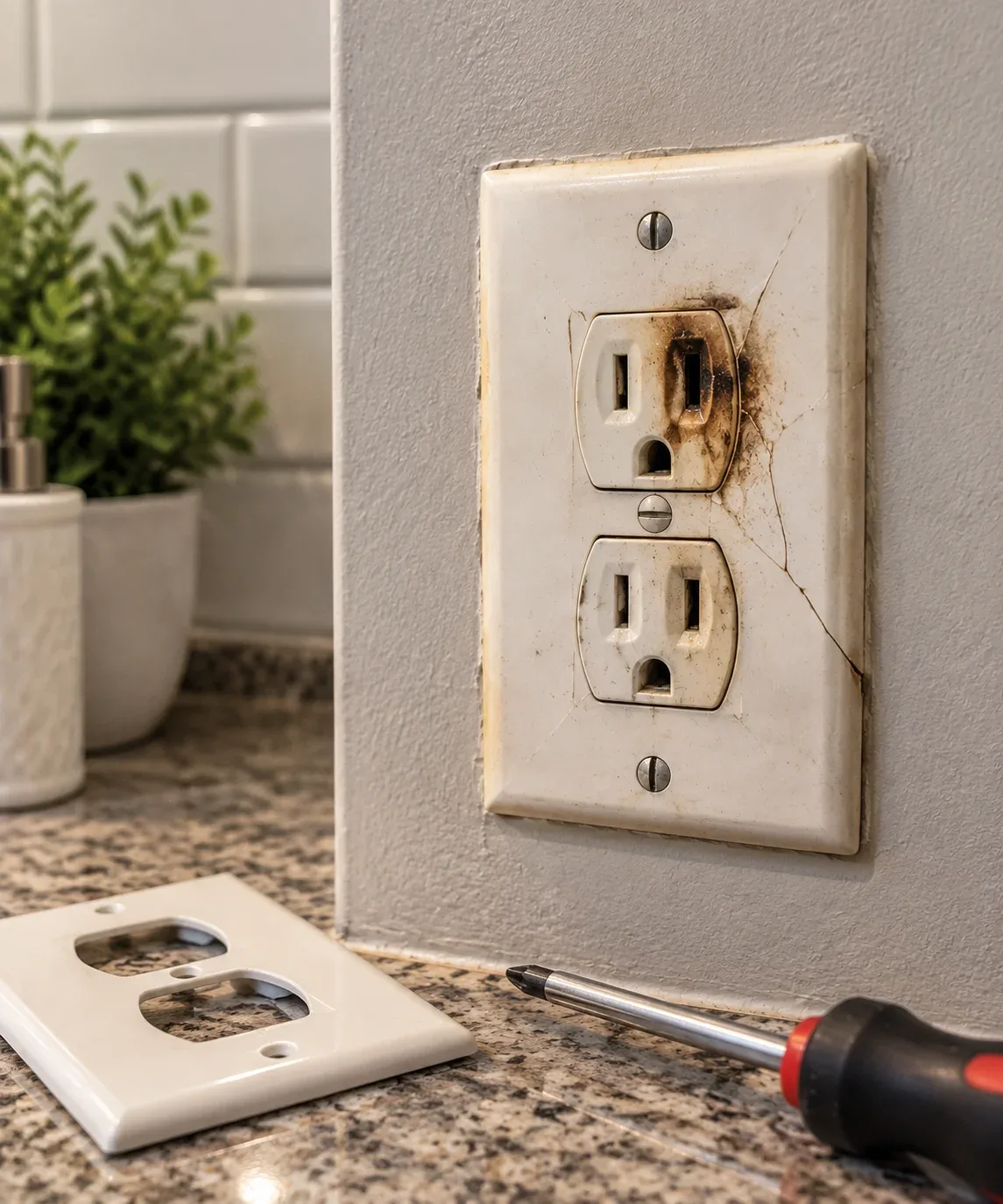 Damaged electrical outlet with scorch marks and melted plastic showing a hazardous residential wiring issue requiring repair