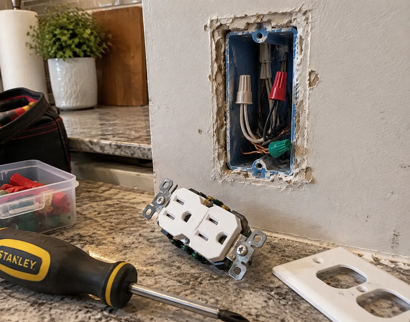 Residential electrical outlet replacement showing an open wall box with exposed wiring, new receptacle, faceplate, and tools during installation