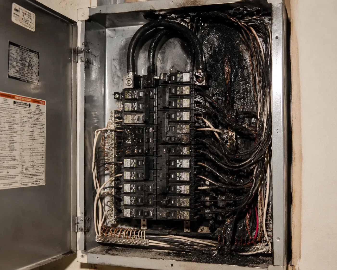 Burned electrical breaker panel with damaged wiring requiring emergency electrical repair service
