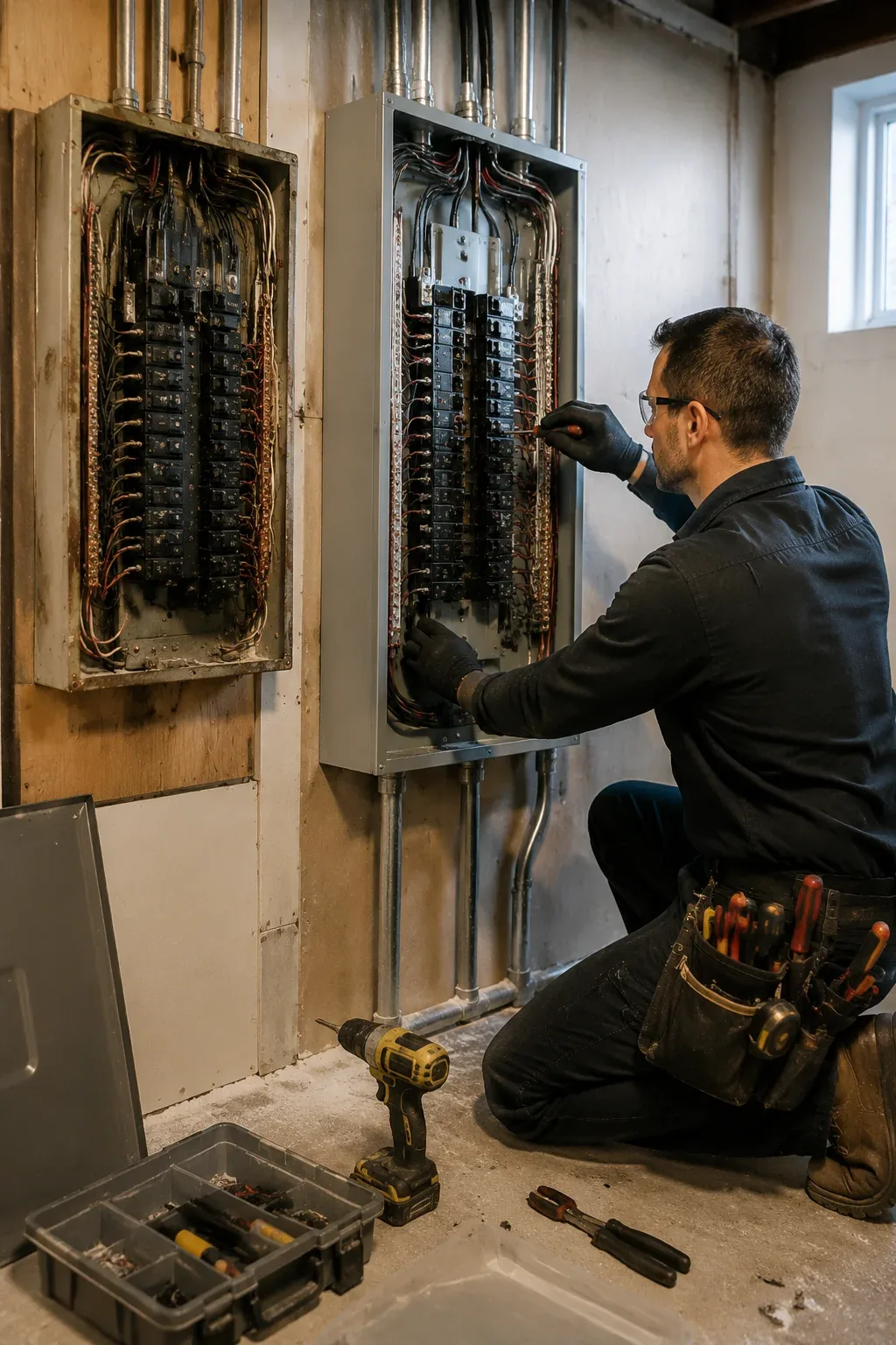 Electrician installing a new breaker panel beside an outdated electrical panel during a home upgrade in Cambridge, ON